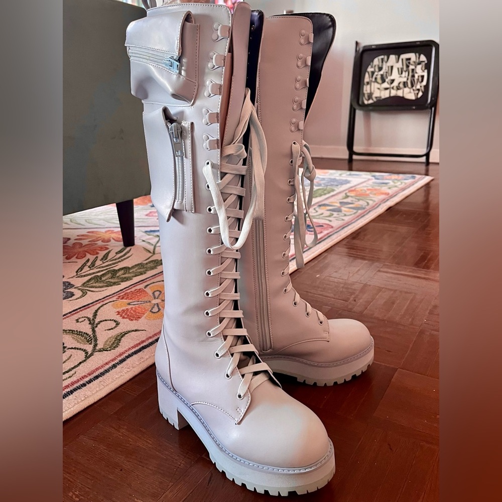 SUGAR THRILLZ BABY BLUE OBSIDIAN POCKET COMBAT BOOTS